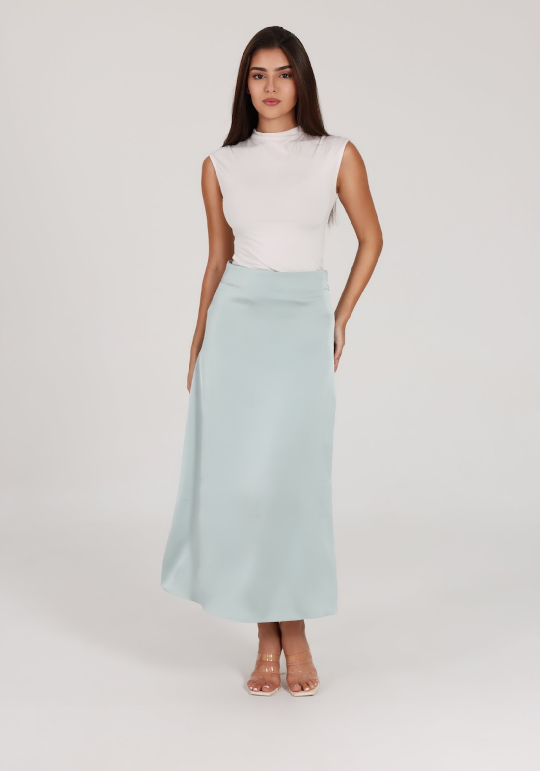The Mimosa Satin Midi Skirt – Mist Green