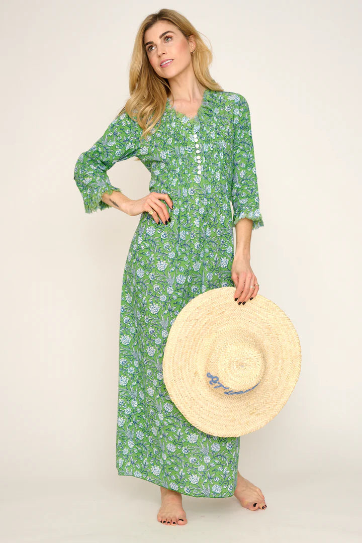 Cotton Annabel Maxi Dress in Green with White & Blue Flowe