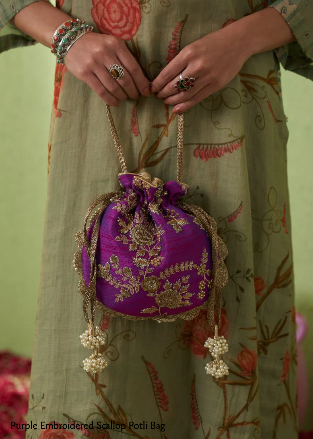 Purple Embroidered Scallop Potli Bag