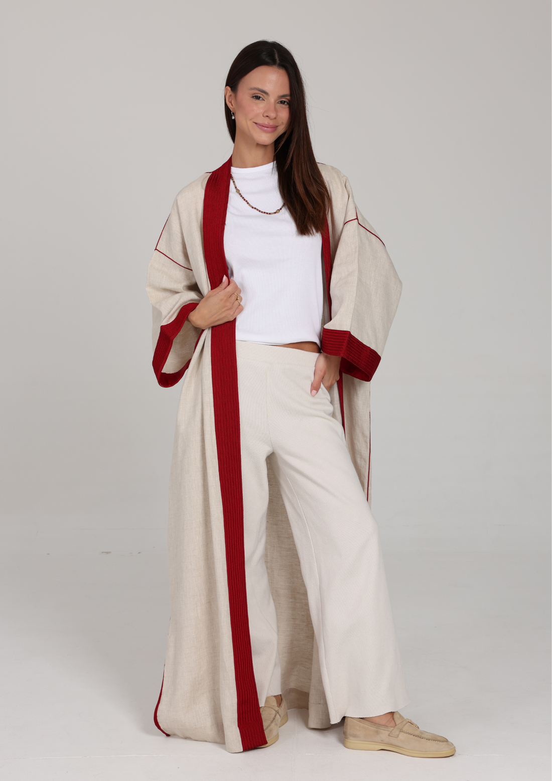 Beige and Crimson Moroccan Kimono