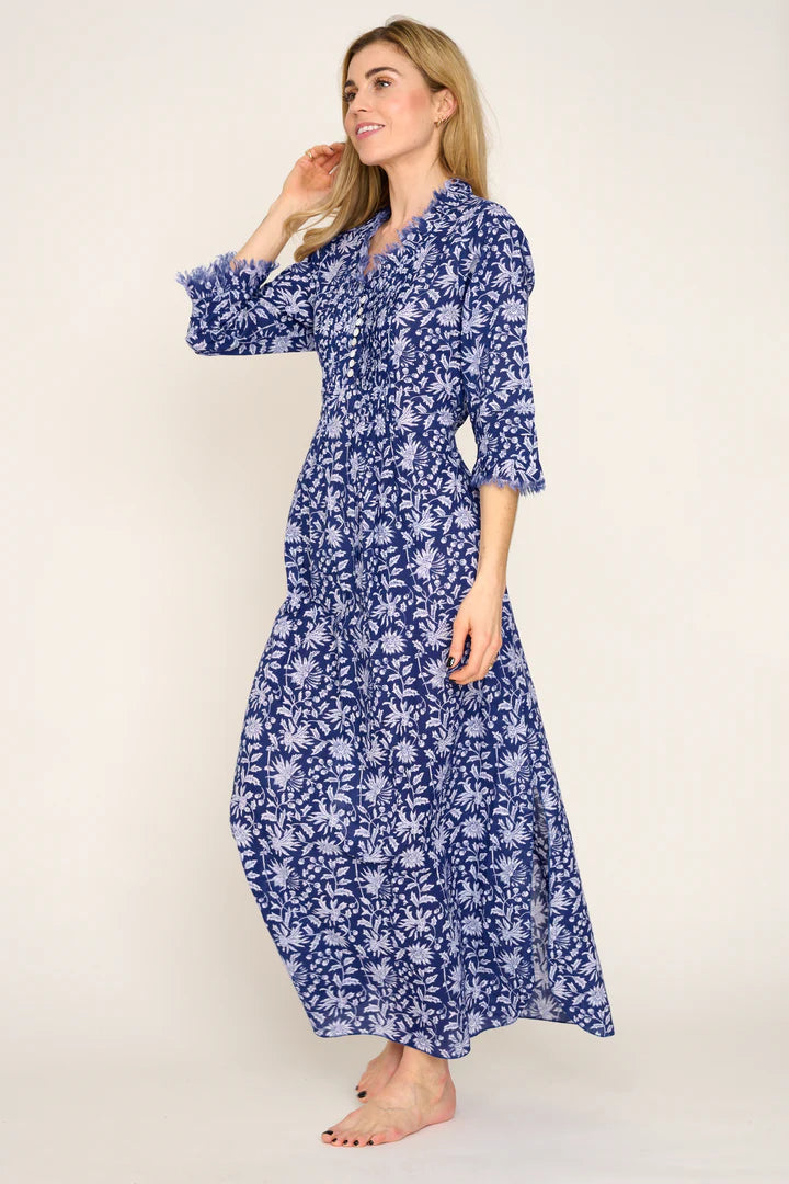 Cotton Annabel Maxi Dress in Blue with White Flower