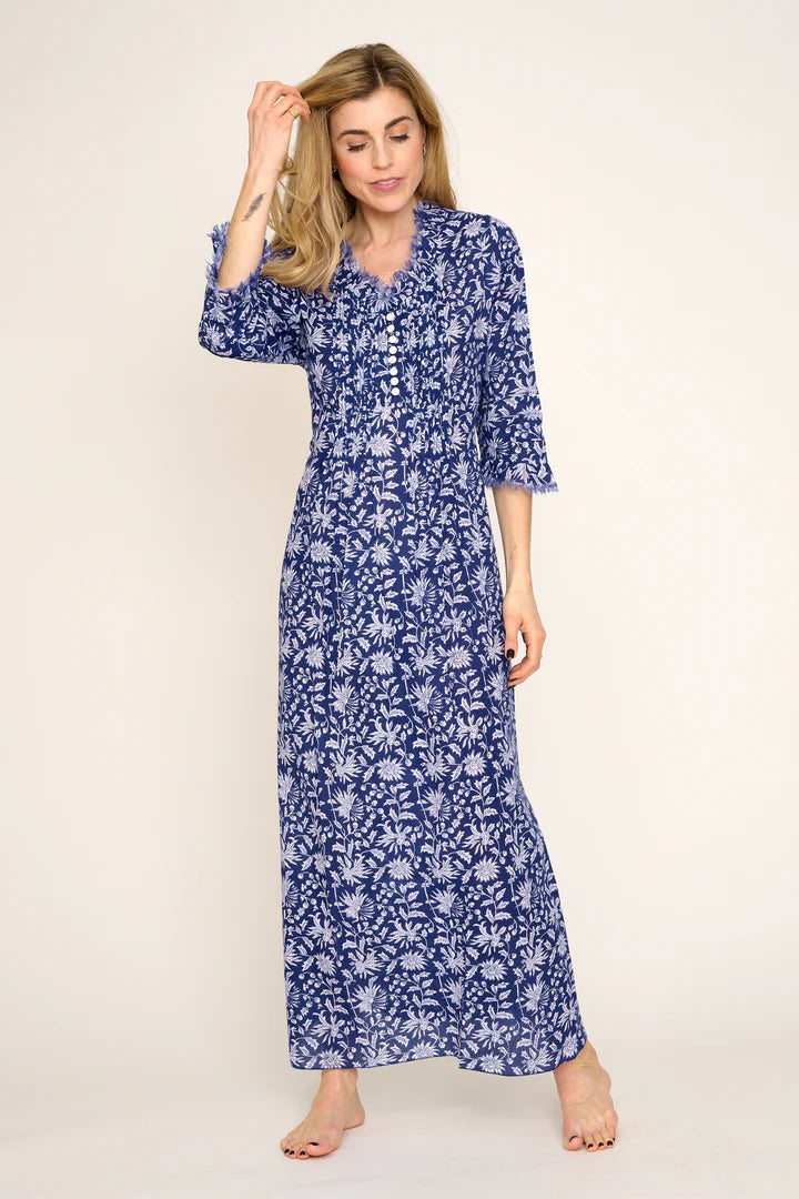 Cotton Annabel Maxi Dress in Blue with White Flower