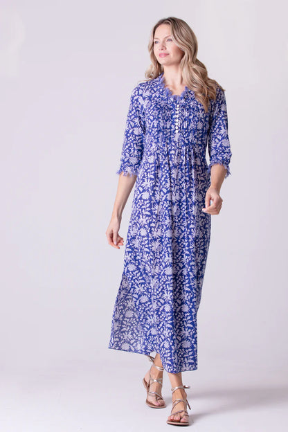 Cotton Annabel Maxi Dress in Blue with White Flower