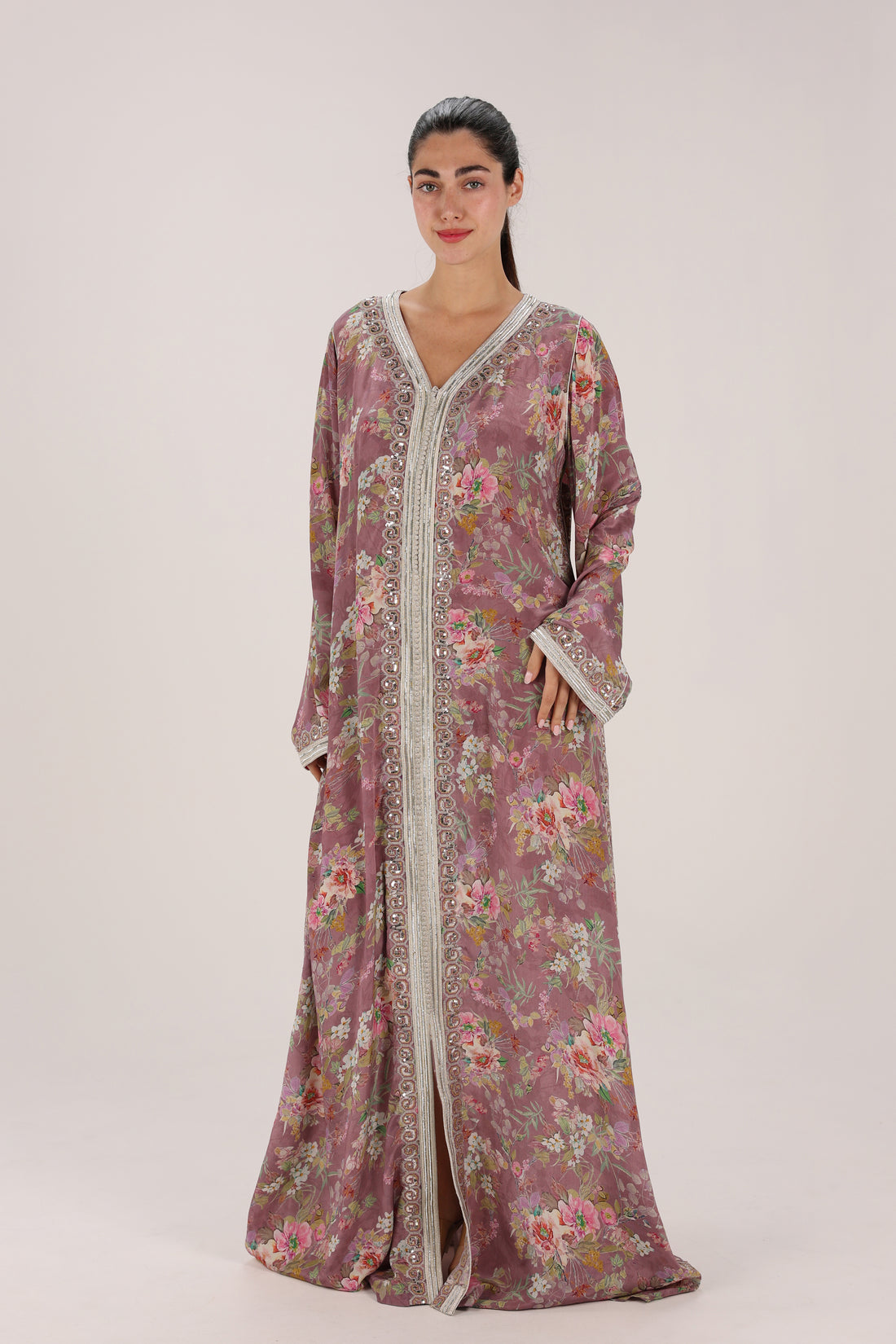 Mauve Printed Crepe Georgette Kaftan