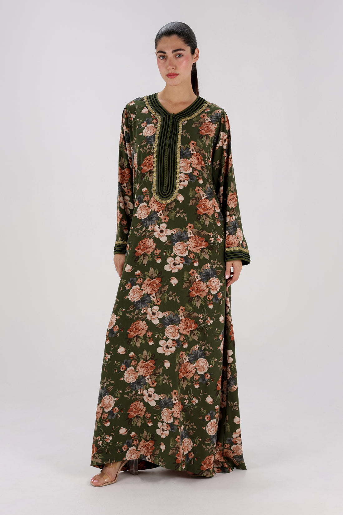 Bottle Green Printed Silk Crepe Kandora / Kaftan
