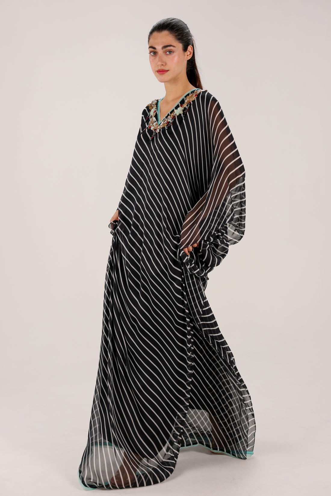 Striped Black Djellaba with Embroidered Neckline
