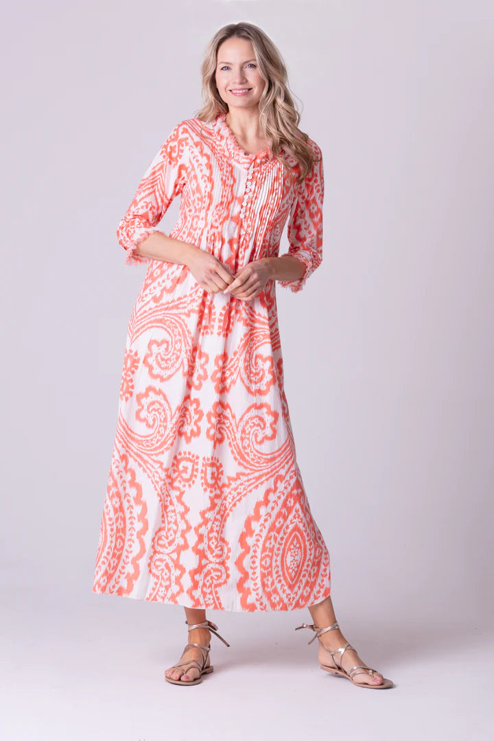 Cotton Annabel Maxi Dress in Orange &amp; White Ikat