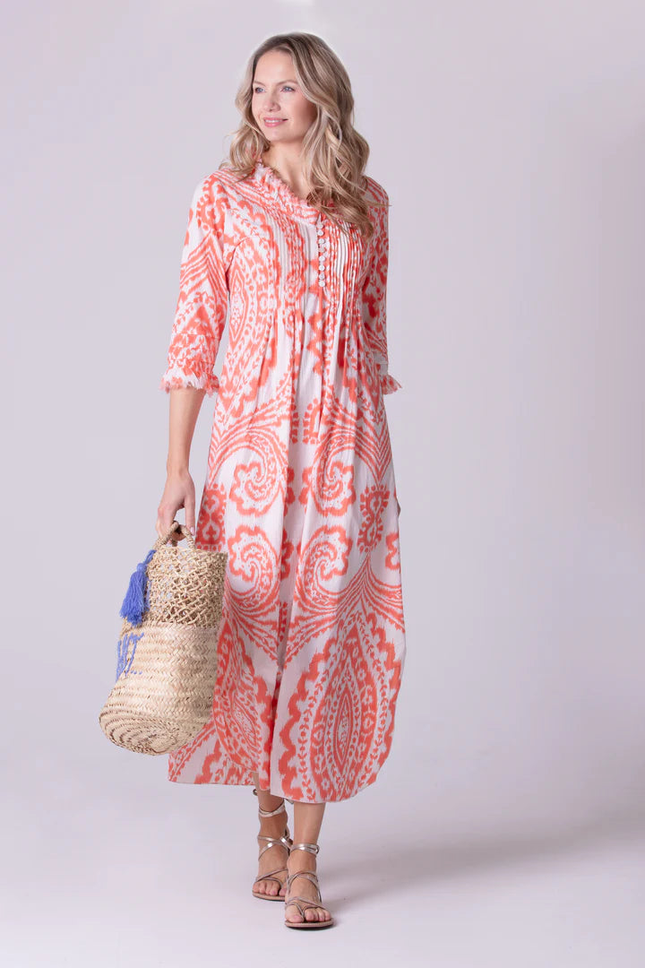Cotton Annabel Maxi Dress in Orange &amp; White Ikat