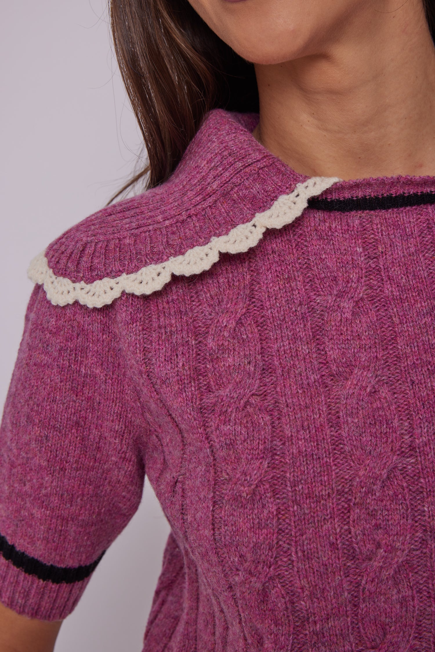 Miu Miu Crochet-Trimmed Cable Knit Wool Sweater