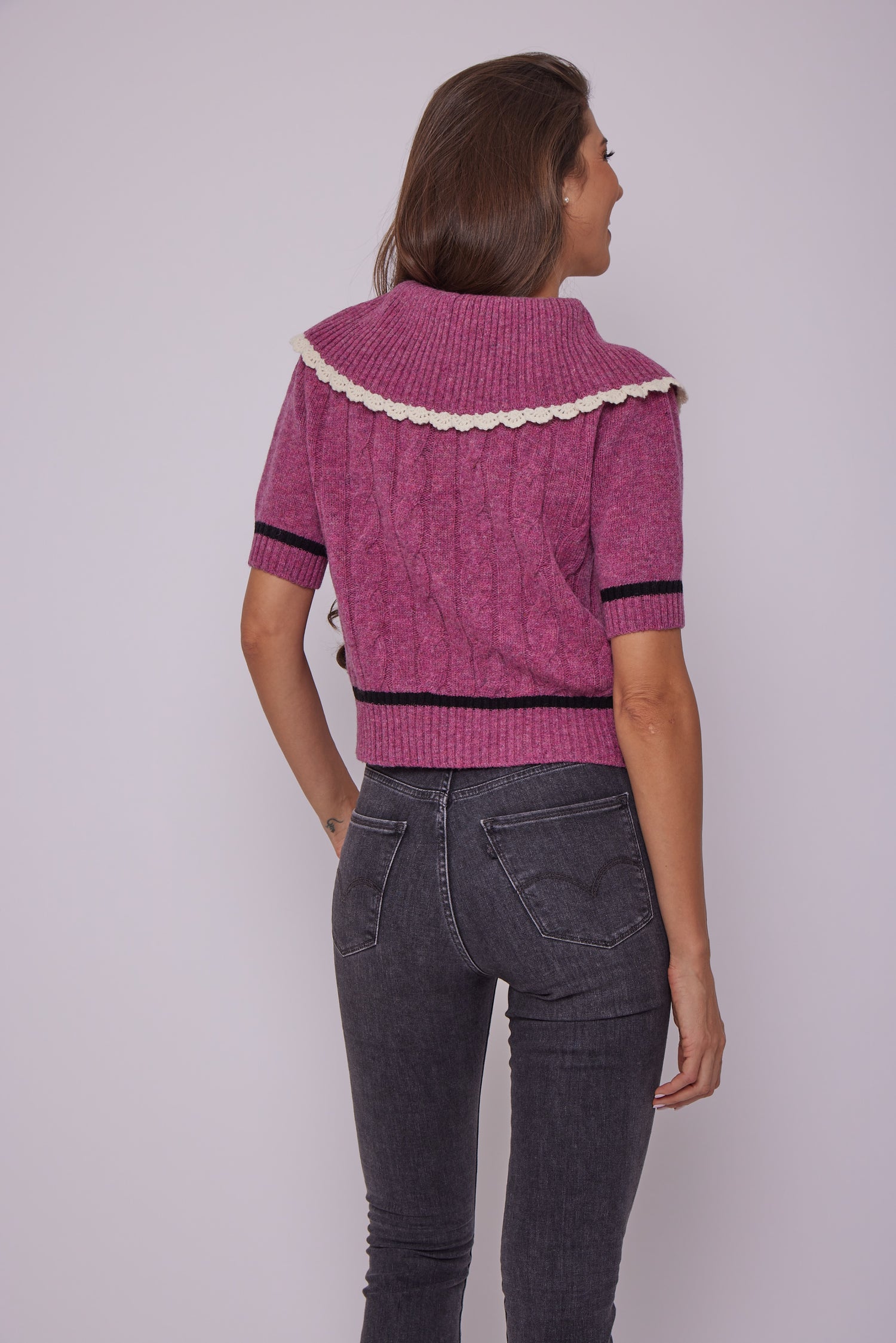 Miu Miu Crochet-Trimmed Cable Knit Wool Sweater