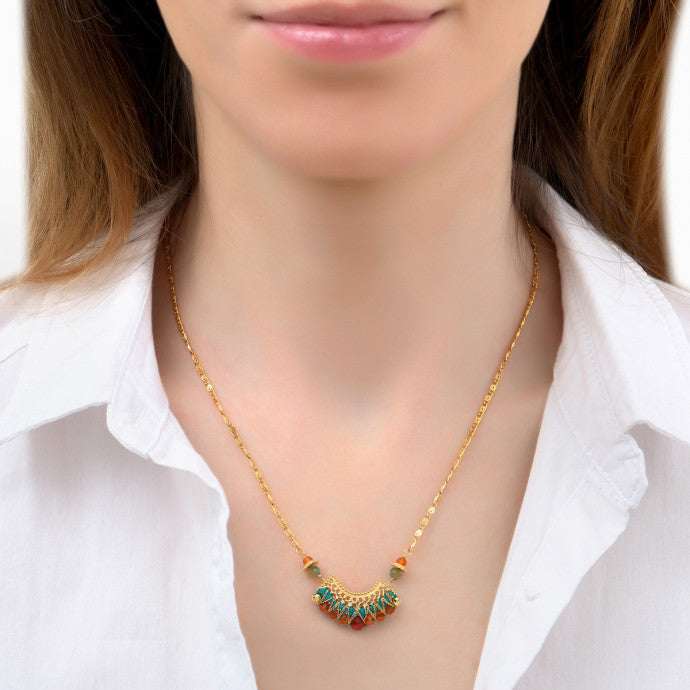 Bohemian chic carnelian citrine and chrysocolla pendant necklace | orange