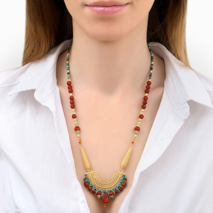 Ethnic carnelian and chrysocolla sautoir necklace - turquoise