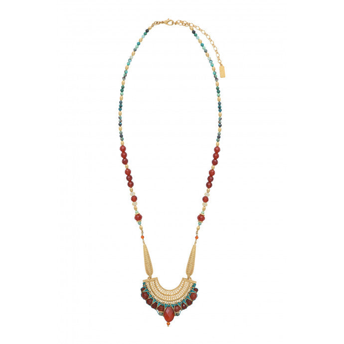 Ethnic carnelian and chrysocolla sautoir necklace - turquoise